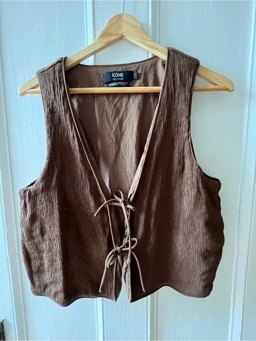 Brown Sleeveless Tie-Front Vest and Long Drawstring Skirt with Pockets
